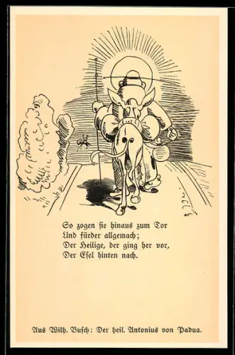 Künstler-AK Wilhelm Busch: Antonius von Padua und sein Esel ziehen zum Tor hinaus