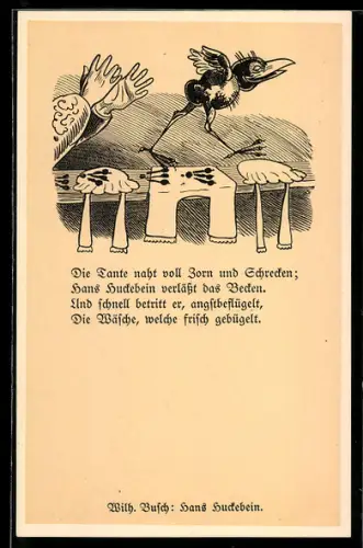 Künstler-AK Wilhelm Busch: Hans Huckebein, Karte Nr. 8, Die Tante naht voll Zorn und Schrecken...