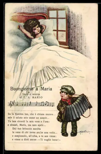 Künstler-AK A. Bertiglia: Buongiorno a Maria, Mädchen erwacht aus süssem Traume, italienisches Lied