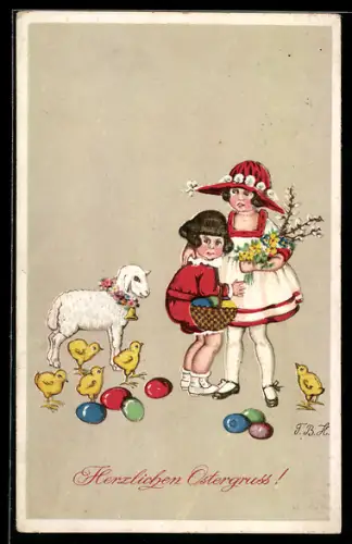 AK Kinder mit Osterküken, Ostereiern und Lamm