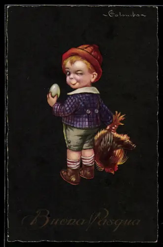 Künstler-AK E. Colombo: Kleiner Junge mit Huhn und Osterei