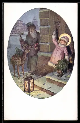 Künstler-AK H. Schubert: Weihnachtsmann und Christkind bringen Geschenke