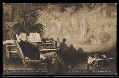 AK Richard Wagner neben einem Klavier vor Theaterszene