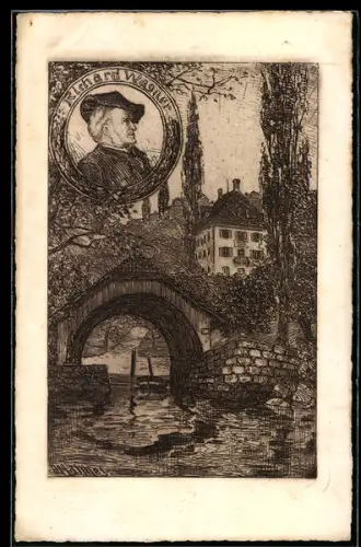 Künstler-AK Luzern, Tribschen am Vierwaldstättersee, Ort u. Portrait Richard Wagner