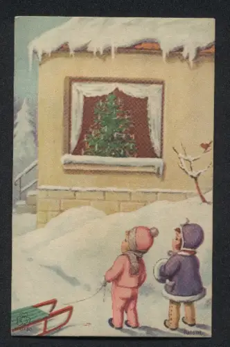 Geräusch-AK Zwei Kinder mit Schlitten vor einem Fenster mit Christbaum
