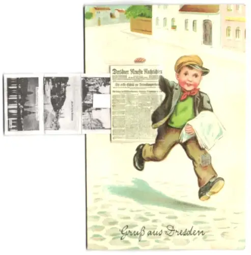 Leporello-AK Dresden, Zeitungsjunge mit Ansichten von Frauenkirche, Ständehaus, Staatsoper, Zwinker, Schloss