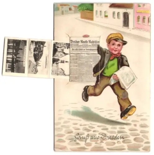 Leporello-AK Dresden, Zeitungsjunge mit Ansichten von Staatsoper, Brühl`sche Terrasse, Ständehaus, Frauenkirche