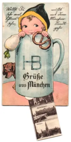 Leporello-AK München, Münchner Kindl im Bierkrug, Siegestor, Nationaltheater, Maximilianstrasse, Sendlingertor, Rathaus