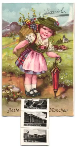 Leporello-AK München, Mädchen in Tracht, Deutsches Museum, Feldherrnhalle, Haus der deutschen Kunst, Marienplatz