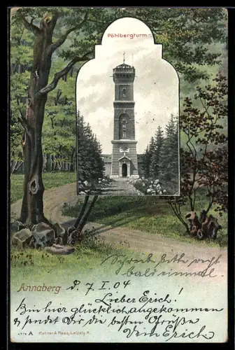 Grusskarten-AK Annaberg, Pöhlberturm, Parkpartie