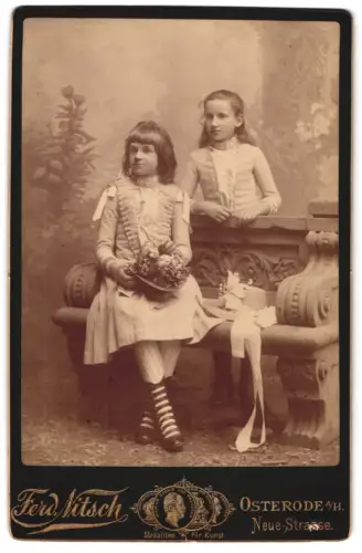 Fotografie Ferd. Nitsch, Osterode a. H., Neue Strasse, Zwei Mädchen an einer Bank