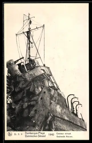 AK Wrack des französischen Zerstörers L`Adroit auf dem Strand von Dünkirchen, 1940, Kriegsschiff