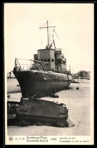 AK Wrack des französischen U-Boot-Jägers CH-9 auf dem Strand von Dünkirchen, 1940, Kriegsschiff