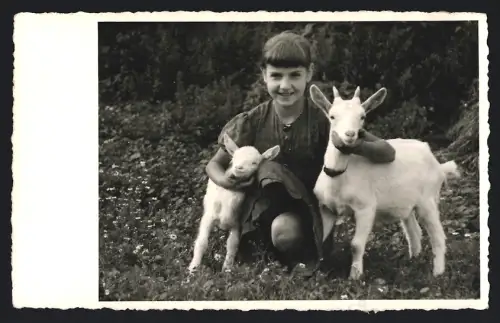 Fotografie glückliches Mädchen streichel Ziege & Zicklein