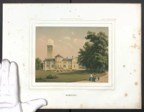 Stahlstich Ramstedt, Schloss mit Gartenanlagen, ausgef. v. Bardtenschlager, 38 x 28cm