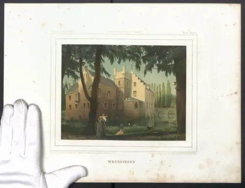 Stahlstich Werdringen, Schloss mit Uferpartie und Familie mit Hund, ausgef. v. Bardtenschlager, 38 x 28cm