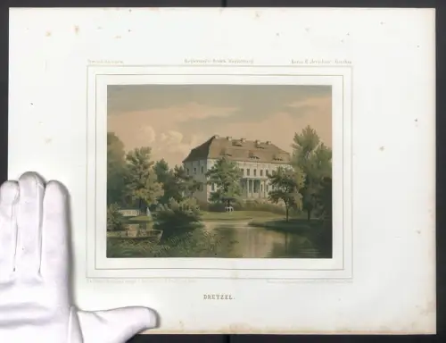 Stahlstich Dretzel, Schloss mit Teich und Ruderboot, ausgef. v. Bardtenschlager, 38 x 28cm