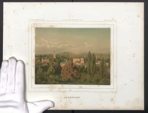 Stahlstich Bornstädt, Blick über die Schlossanlagen, ausgef. v. Bardtenschlager, 38 x 28cm