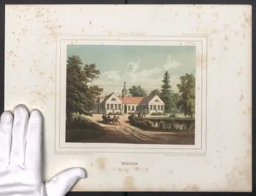 Stahlstich Redekin, Schlossanlagen mit Teich und Kutsche, ausgef. v. G. Reubke, 38 x 28cm