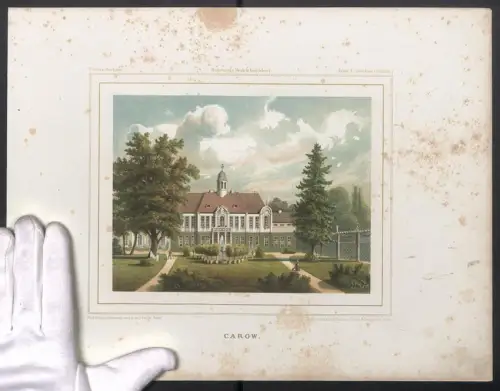 Stahlstich Carow, Schlossgarten mit Springbrunnen und Gärtner, ausgef. v. G. Reubke, 38 x 28cm