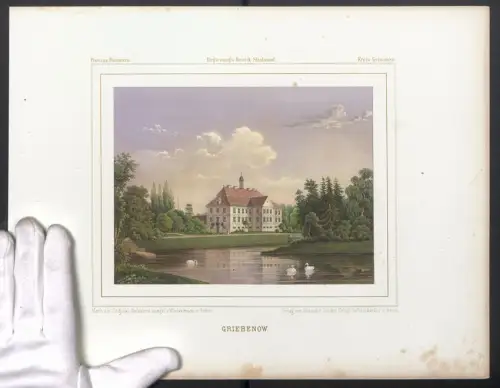 Stahlstich Griebenow, Schloss mit Schwanenteich und Steg, ausgef. v. Winckelmann u. Söhne, 38 x 28cm