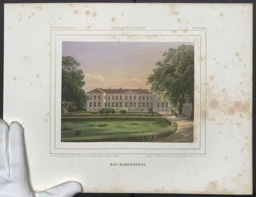 Stahlstich Neu-Hardenberg, Reiter im Schlossgarten, ausgef. v. Winckelmann u. Söhne, 38 x 28cm