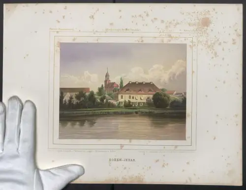 Stahlstich Hohen-Jesar, Uferpartie mit Blick zur Kirche, ausgef. v. Winckelmann u. Söhne, 38 x 28cm