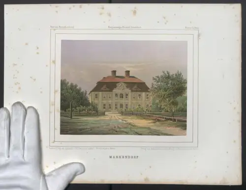 Stahlstich Markendorf, Blick auf das Schloss, ausgef. v. Winckelmann u. Söhne, 38 x 28cm