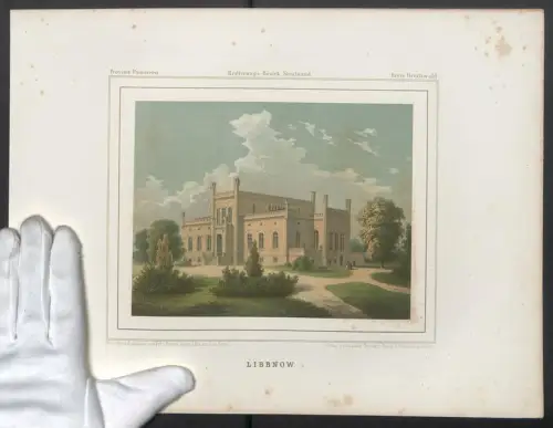 Stahlstich Libbnow, Schloss mit Gartenanlagen, ausgef. v. Borchel, 38 x 28cm