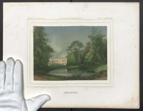 Stahlstich Görlsdorf, Schloss mit Grünanlagen und Schwanenteich, ausgef. v. Th. Albert, 38 x 28cm