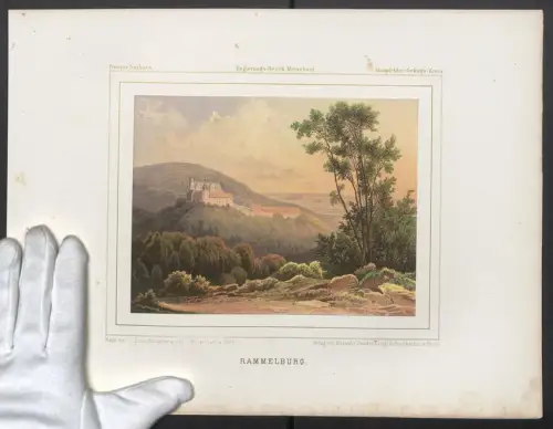 Stahlstich Rammelburg, Burgansicht aus der Ferne, ausgef. v. Winckelmann u. Söhne, 38 x 28cm