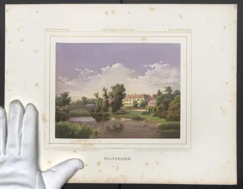 Stahlstich Wolfshagen, Flusspartie mit Brücke im Grünen, ausgef. v. Winckelmann u. Söhne, 38 x 28cm
