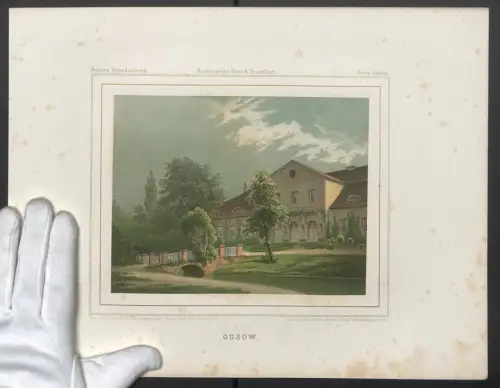Stahlstich Gusow, Schloss mit Garten und Brücke, ausgef. v. Borchel, 38 x 28cm