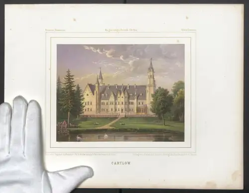Stahlstich Cartlow, Schloss mit Schwanenteich, ausgef. v. Winckelmann u. Söhne, 38 x 28cm