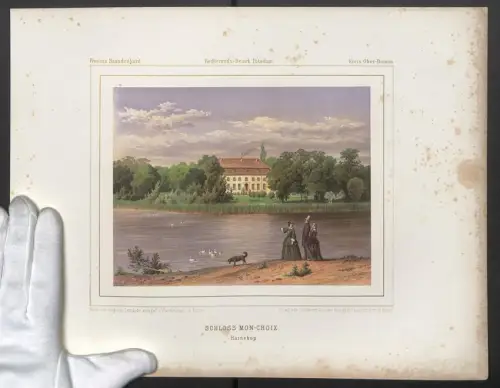 Stahlstich Harnekop, Schloss Mon-Choix mit Spaziergängern am Ufer, ausgef. v. Winckelmann u. Söhne, 38 x 28cm