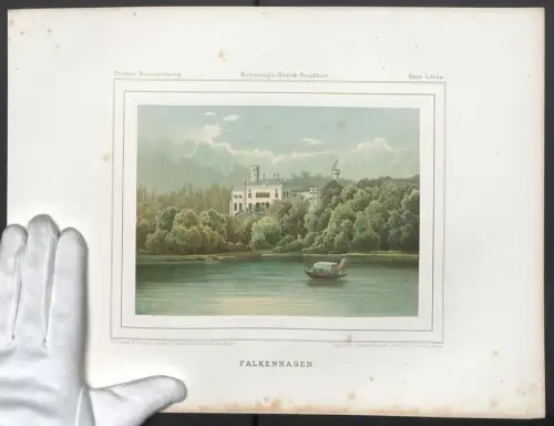 Stahlstich Falkenhagen, Uferpartie mit Blick zum Schloss, ausgef. v. T. Albert, 38 x 28cm