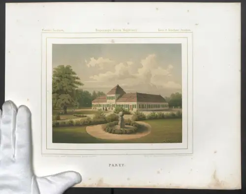 Stahlstich Parey, Schlossanlagen mit Spaziergängern, ausgef. v. Bardtenschlager, 38 x 28cm