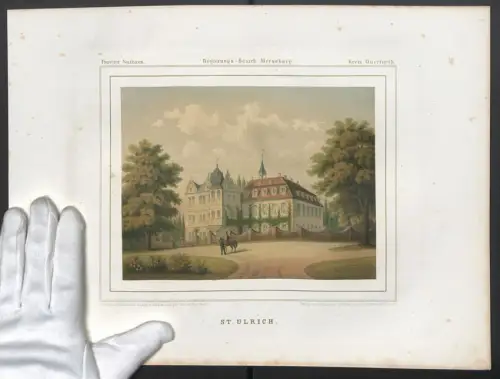 Stahlstich St. Ulrich, Reiter vor dem Schloss, ausgef. v. Bardtenschlager, 38 x 28cm