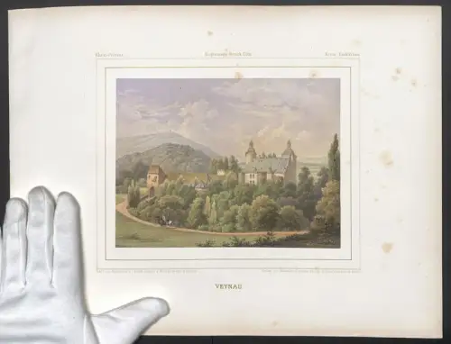 Stahlstich Veynau, Schloss mit Landschaftspanorama, ausgef. v. Winckelmann u. Söhne, 38 x 28cm