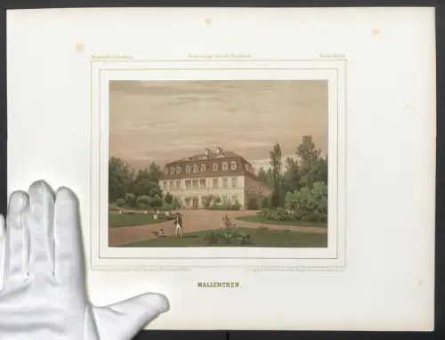 Stahlstich Mallenchen, Mann und Hund im Schlossgarten, ausgef. v. Winckelmann u. Söhne, 38 x 28cm