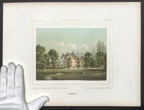 Stahlstich Seese, Schloss mit Flusslandschaft, ausgef. v. T. Albert, 38 x 28cm