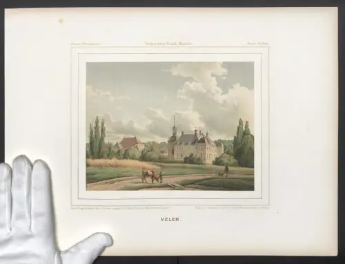 Stahlstich Velen, Bauer mit Rind auf einem Feldweg am Schloss, ausgef. v. Winckelmann u. Söhne, 38 x 28cm