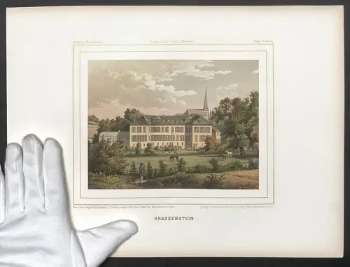 Stahlstich Krassenstein, Schloss mit Pferdekoppel, Jäger und Jagdhund, ausgef. v. Winckelmann u. Söhne, 38 x 28cm