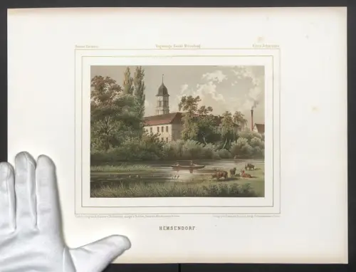 Stahlstich Hemsendorf, Uferpartie mit Kühen und Ruderboot am Schloss, ausgef. v. Winckelmann u. Söhne, 38 x 28cm