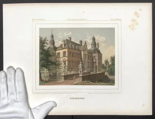 Stahlstich Overhagen, Hunde auf der Brücke am Schloss, ausgef. v. Winckelmann u. Söhne, 38 x 28cm