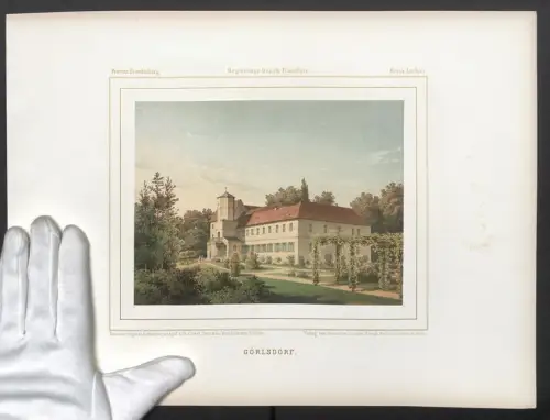 Stahlstich Görlsdorf, Schloss mit Gartenanlagen, ausgef. v. Winckelmann u. Söhne, 38 x 28cm