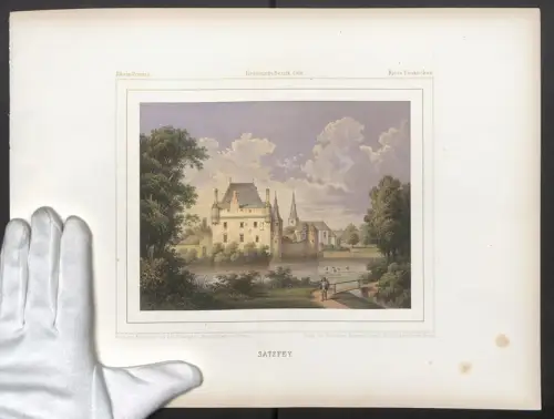 Stahlstich Satzfey, Uferpartie mit Blick zum Schloss, ausgef. v. Winckelmann u. Söhne, 38 x 28cm