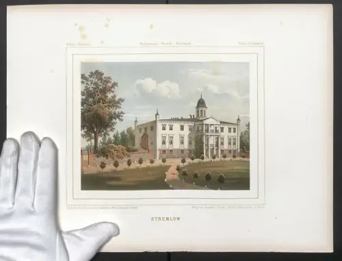 Stahlstich Stremlow, Schloss mit Anlagen, ausgef. v. Winckelmann u. Söhne, 38 x 28cm