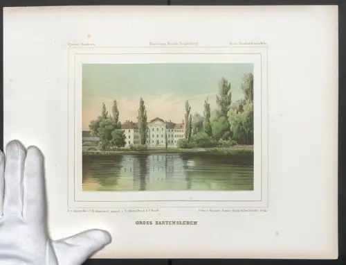 Stahlstich Gross Bartensleben, Schloss mit Uferpartie im Grünen, ausgef. v. T. Albert, 38 x 28cm