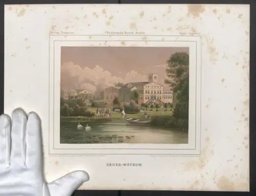 Stahlstich Gross-Weckow, Schlossgarten mit Ruderboot, Schwänen und spielenden Kindern, ausgef. v. T. Albert, 38 x 28cm